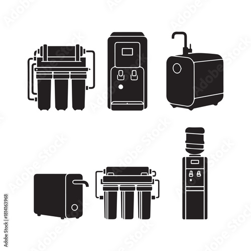 water purification system black silhouettes: filters, dispensers, and countertop units icon set.