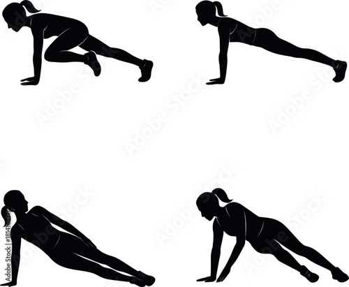 Woman doing plank pose silhouette Four black silhouette female figures performing various fitness exercises on white background
