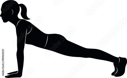 Woman doing plank pose silhouette Black silhouette of a woman in a plank pose with ponytail exercise