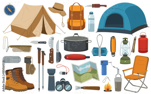Camping gear collection with tents backpack and cooking equipment