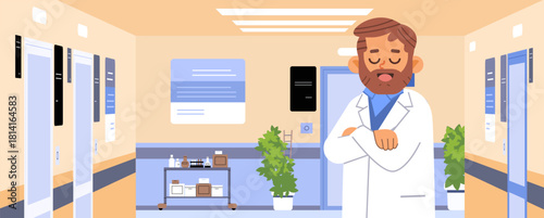 Healthcare Professional Smiling in Hospital Hall. Confident Doctor in Medical Corridor