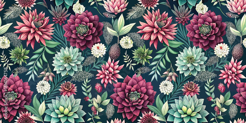 Vibrant floral pattern featuring assorted succulents and flowers in rich colors on a dark background.
