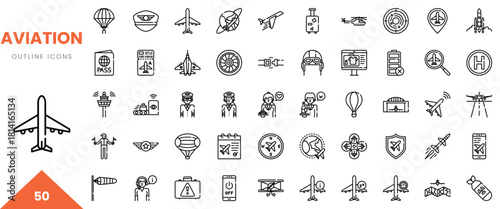 Collection of aviation outline icons representing various aspects of air travel and aircraft.