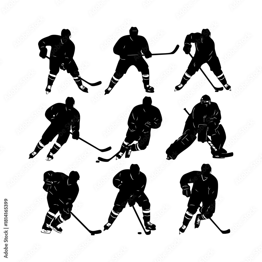 Fototapeta premium Ice hockey player logo icon vector. Hockey stick and puck logo set silhouettes vector on a white background