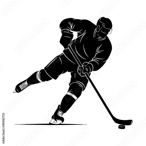 Ice hockey player logo icon vector. Hockey stick and puck logo set silhouettes vector on a white background
