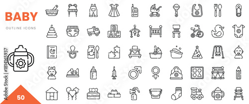 A collection of baby-themed outline icons, featuring essentials like toys, clothing, and feeding items.