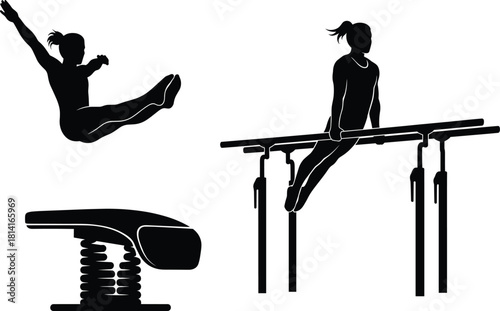 Female gymnast performing vault jump and parallel bars routine, artistic gymnastics silhouette illustration, professional sports vector design for fitness concept