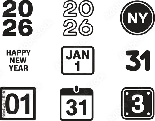 New Year Icons Set – 2026, Calendar Dates, NY Badge, Jan 1, 31, Minimal Holiday Numbers Vector Illustration
