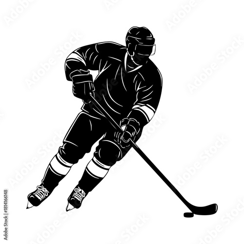 Ice hockey player logo icon vector. Hockey stick and puck logo set silhouettes vector on a white background