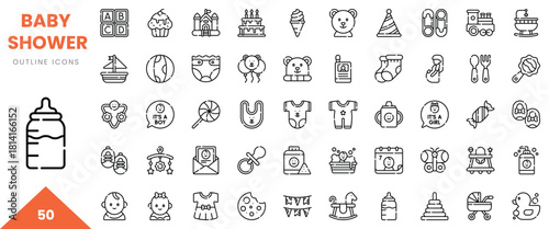 A collection of outline icons for a baby shower, featuring various celebratory elements.