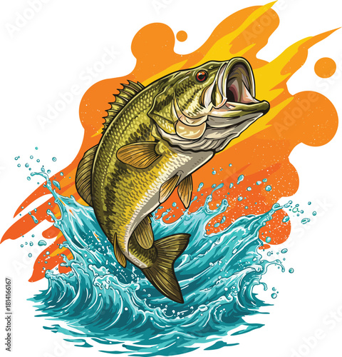 Dynamic illustration of a large mouth bass leaping from vibrant turquoise water with energetic orange splashes and white background capturing the thrill of the catch