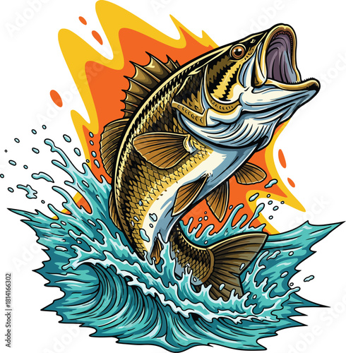 Dynamic illustration of a largemouth bass leaping from turquoise water with stylized orange and yellow splashes creating a vibrant and energetic fishing scene