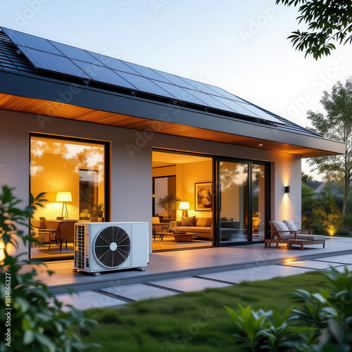 Modern eco-friendly residence featuring solar panels and exterior heat pump unit on tranquil evening terrace.