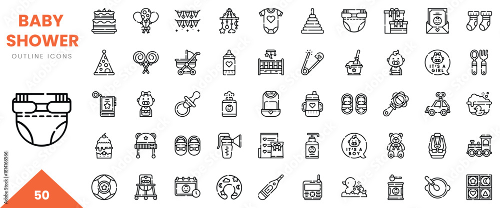 Obraz premium Collection of baby shower outline icons featuring items like diapers, toys, and decorations.