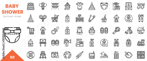 Collection of baby shower outline icons featuring items like diapers, toys, and decorations.