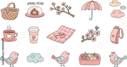 Cute Spring Picnic Icons – Hand-Drawn Outdoor Doodle Vector Set for Floral, Nature & Seasonal Designs
