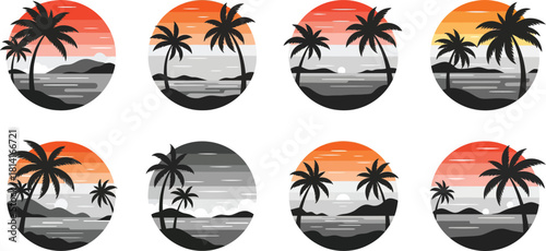Collection of eight oval silhouette illustrations depicting tropical island beach scenes with palm trees and vibrant sunsets or sunrises over the ocean rendered in a graphic style