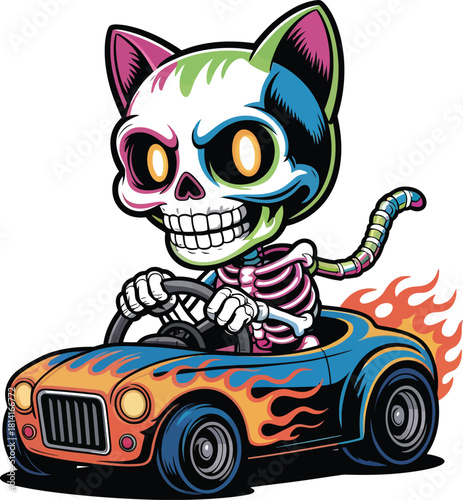 Cartoon cat driving a hot rod car with flames vector