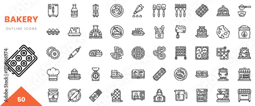 A collection of bakery-themed outline icons showcasing various baking tools and ingredients.