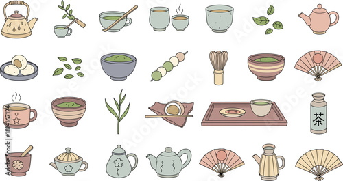 Cute Tea Culture Icons – Hand-Drawn Cozy Tea Ceremony Doodles for Café & Asian Tradition Designs