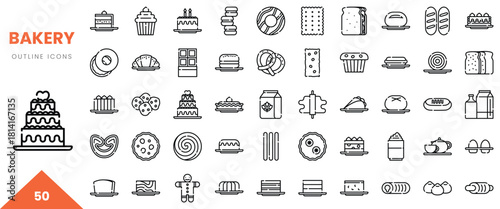 A collection of bakery-themed outline icons showcasing various desserts and baked goods.