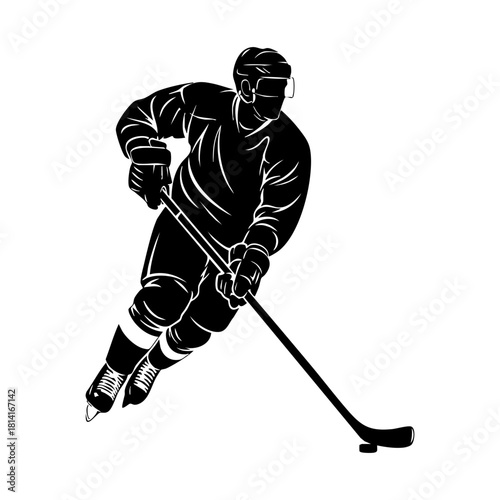 Ice hockey player logo icon vector. Hockey stick and puck logo set silhouettes vector on a white background
