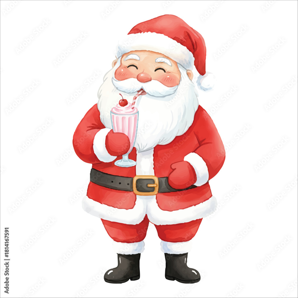 Fototapeta premium Santa Claus drinking a creamy Christmas milkshake, watercolor illustration isolated on black background 