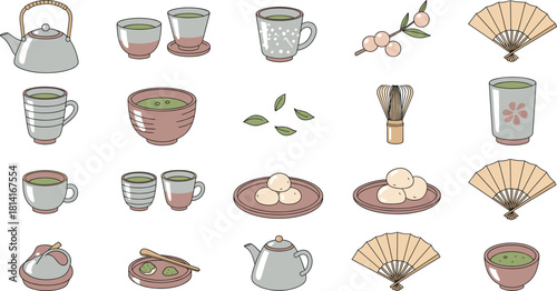 Cute Tea Culture Icons – Hand-Drawn Cozy Tea Ceremony Doodles for Café & Asian Tradition Designs