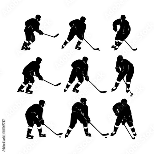 Ice hockey player logo icon vector. Hockey stick and puck logo set silhouettes vector on a white background