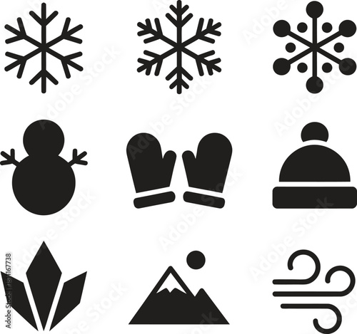 Winter Icons Set – Snowflake, Snowman, Mittens, Beanie, Ice Crystal, Mountain, Wind, Minimal Season Symbols Vector Illustration