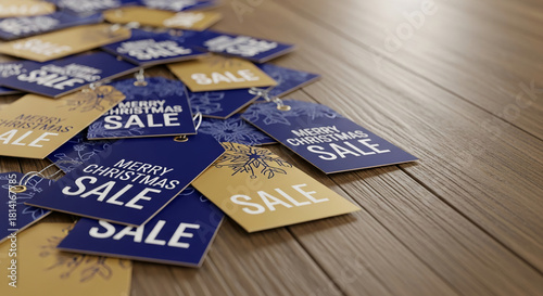 Pile of blue and gold sale tags with 