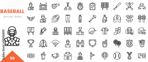 A collection of baseball-themed outline icons including equipment, trophies, and uniforms.