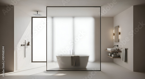 Modern bathroom features sleek bathtub and minimalist fixtures in bright, spacious interior with frosted glass partition creating a serene and luxurious atmosphere.
