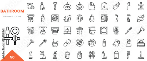 Collection of bathroom outline icons featuring essential tools and accessories.