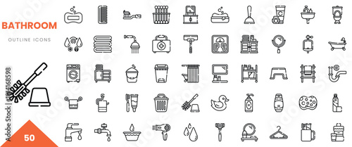 Collection of bathroom outline icons featuring essential items and tools.