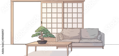 Japanese living room with bonsai tree and sofa.