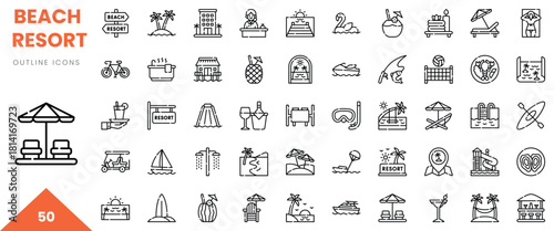 Various beach resort outline icons featuring relaxation and recreational activities.
