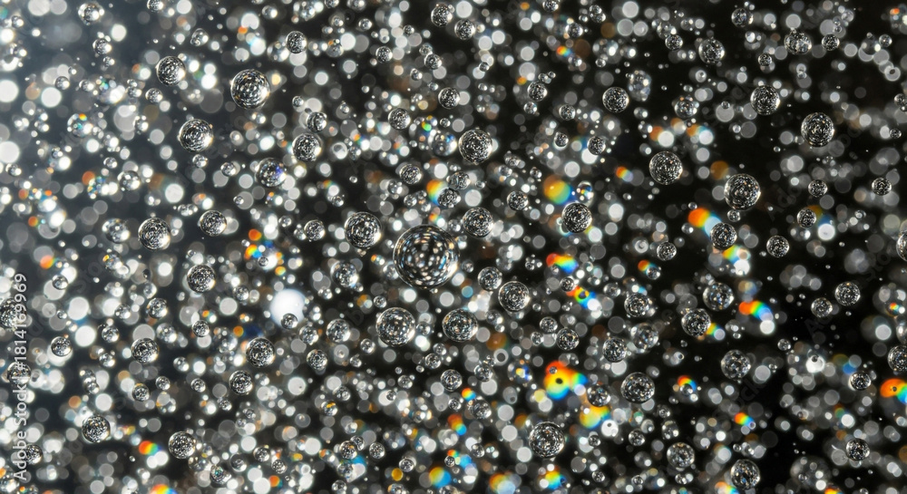 Obraz premium Stunning abstract of floating water droplets creating mesmerizing rainbow reflections perfect for science, nature, or beverage advertising campaigns