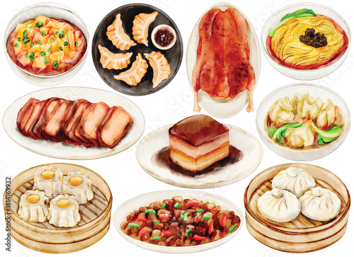 Watercolor Chinese Food Clip Art Set Cuisine Peking Duck Char Siu Dim Sum Dumpling Wonton Soup Mapo Tofu Fried Rice Dongpo Pork Baozi Illustration Restaurant Menu Asian Meal Dish