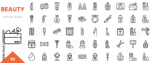 Set of beauty outline icons featuring various skincare and cosmetic products and tools.