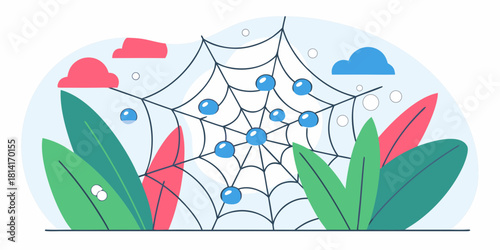 A macro shot of dewdrops on a spider web interlaced through a leaf, each droplet magnifying the intr.