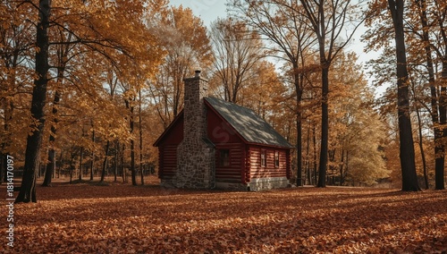Cozy log cabin with stone chimney in a serene autumn forest surrounded by colorful fall foliage and sunlit golden leaves