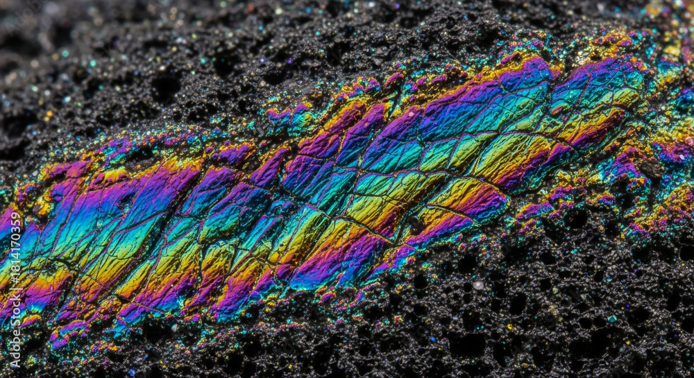 Obraz premium Iridescent oil slick on dark asphalt texture creates a stunning rainbow effect, perfect for backgrounds, abstract art, and environmental themes