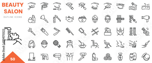 Collection of outline icons representing diverse beauty salon tools and treatments.