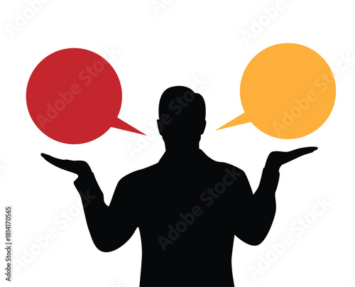 Silhouette of Business Man Showing Colorful Speech Bubbles Copy Space. People and education, explanatory tutorial picture vector art
