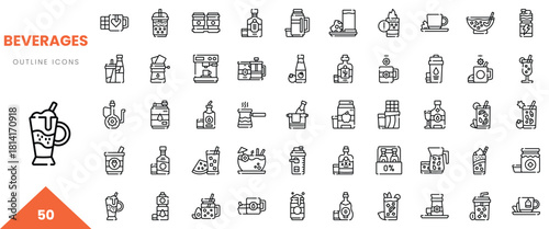 Variety of beverage outline icons, showcasing smoothies, drinks, and coffee elements.