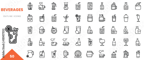 A collection of diverse beverage outline icons including cocktails, juices, and coffee cups.