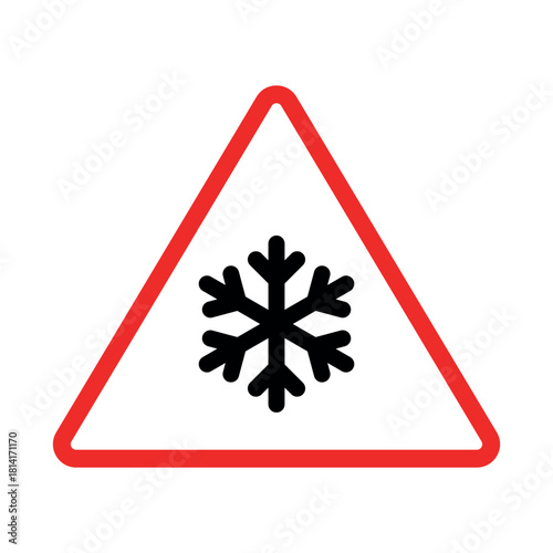 Ice road sign triangle vector design, slippery ice warning on white background. Cold weather, winter, icy snowflake cold symbol.  Traffic regulation rule. 