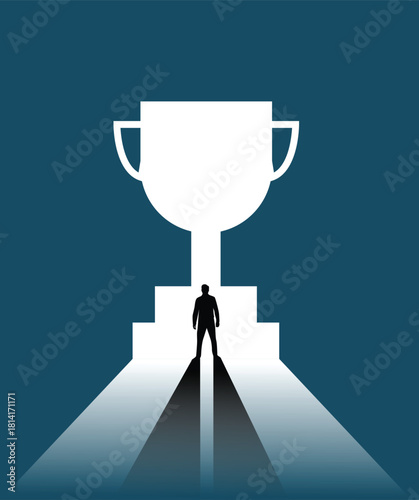 Silhouette of Business Man with Trophy Award Cup. People and achievements, career path vector art