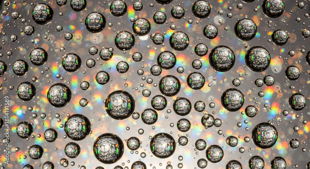 Obraz premium Stunning water droplets create abstract reflections and vibrant rainbow light for a modern, fresh background or captivating science visual